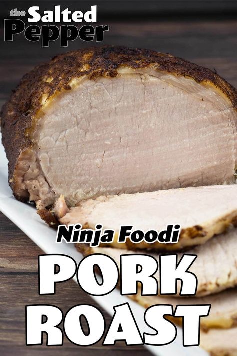 Say goodbye to dry pork roast! This two-step cooking method in the Ninja Foodi results in a juicy and tender pork roast that everyone will love! Pork Roast Recipes Ninja Foodi, Ninja Foodi Pork Loin Roast, Pork Roast In Ninja Foodi, Ninja Foodie Pork Roast, Pork Loin Ninja Foodi Recipe, Ninja Foodi Pork Loin, Baked Pork Loin, Pork Sirloin Roast, Boneless Pork Roast