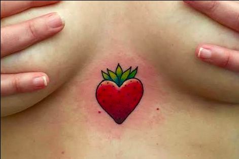 Heart Shaped Strawberry Tattoo, Strawberry Face Tattoo, Heart Strawberry Tattoo, Strawberry Heart Tattoo, Tattoo Strawberry, Tattoo Fruit, Damask Tattoo, Strawberry Tattoos, Under Breast Tattoo