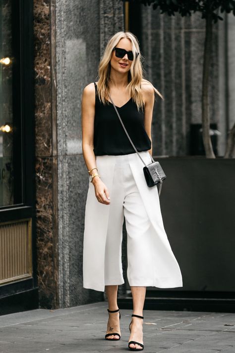 Fashion Jackson, Dallas Blogger, Fashion Blogger, Street Style, Topshop Black Cami Tanktop, White Culottes, Saint Laurent Monogram Cassandre Crossbody Handbag, Steve Madden Carrson Black Ankle Strap Heeled Sandals Square Pants Outfit, Chic Outfits Classy, Professional Work Outfit, Chiffon Tank Tops, Square Pants, Fashion Jackson, Clothing Trends, Diane Kruger, Sweater Dress Women