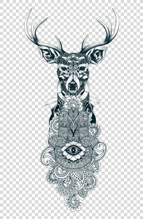 Gray Wolf Tattoo, Reindeer Tattoo, Hamsa Illustration, Grey Wolf Tattoo, Wolf Sleeve, Reindeer Drawing, Hamsa Art, Monkey Illustration, Deer Illustration