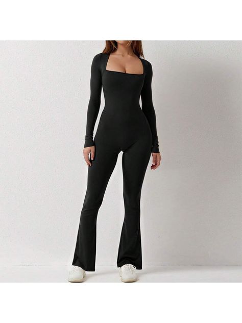 Black  Collar Long Sleeve  Plain Jumpsuit Embellished High Stretch Spring/Summer/Fall Women Plus Activewear Sport Jumpsuit Outfit, Flare Jumpsuit Outfit, Long Black Jumpsuit, Black Jumpsuit Outfit, Sports Jumpsuit, Plain Jumpsuits, Lucifer Morningstar, Jumpsuit Outfit, Styles P