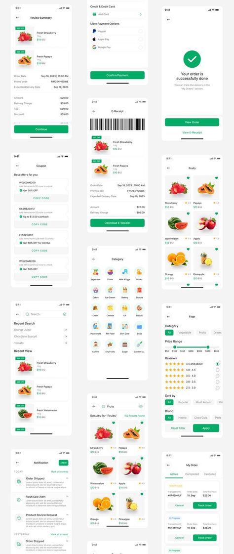 This Grocery Store App UI Kit for Figma includes a user-friendly interface for convenient grocery shopping and delivery. #groceryapp #supermarketapp #figmaUI #grocerydelivery #grocerystore Supermarket App, Grocery List App, Delivery App Ui, Grocery Shopping App, Grocery Delivery App, Business Tracker, Food Web Design, Plant App, Ux Kits