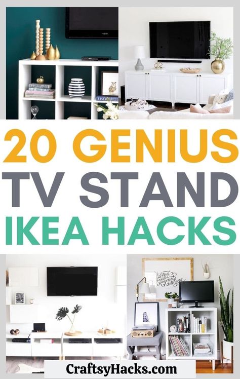 You can easily create a more stylish living room in your home when you use any of these amazing IKEA TV stand hacks. Use these IKEA hacks to create a one-of-a-kind media unit perfect for your living space! #IKEA #hacks Tv Unit Organization Ideas, Ikea Tv Stands, Ikea Furniture Hacks Tv Stands, Alternative Tv Stand, Styling Tv Unit, Tv Stand Storage Ideas, Ikea Tv Stand Hack Diy, Alternative Tv Stand Ideas, Ikea Hacks Tv Stands