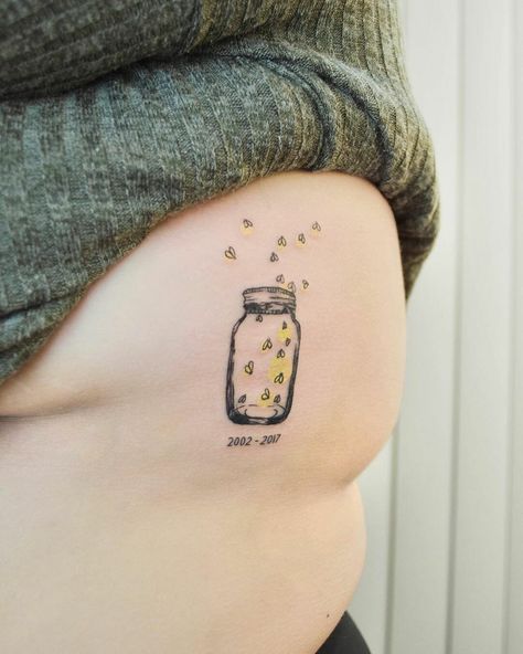 Men’s Simple Tattoo Ideas, Fireflies Tattoo Ideas, Firefly Tattoo Ideas, Firefly Mason Jar Tattoo, Firefly Tattoo Small Simple, Light Bug Tattoo, Fire Flies Tattoos, Jar Of Lightning Bugs Tattoo, Small Firefly Tattoo