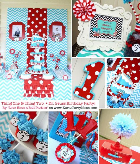 Thing One & Thing Two Dr Seuss Themed Birthday Party for twins via Kara's Party Ideas karaspartyideas.com #thing #one #1 #two #2 #dr. #seuss #birthday #party #ideas #twins #cake #decor #supplies Birthday Party For Twins, Dr Seuss Party Ideas, Thing One Thing Two, Dr Seuss Birthday Party, Twin Birthday Parties, Thing One, Seuss Party, Dr Seuss Birthday, Twins 1st Birthdays