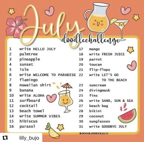 July Drawing Prompts, June Art Challenge 2024, Procreate Challenge, July Drawing Challenge, July Doodle Challenge, July Prompts, Monthly Doodle Challenge, July Doodles Bullet Journal, 2024 Drawing