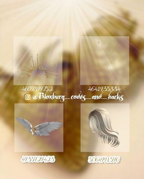 ~Bloxburg Hacks~ on Instagram: “~📯Goddess Collection📯~ want your suggestion in our next post? Check our stories! And maybe you’ll get the chance to be featured in one of…” Giant Angel Wings, Bloxburg Photos, Accessory Codes, Brown Hair Roblox Id, Roblox Id Codes, Bloxburg Clothes, Bloxburg Hacks, Bloxburg Outfits, Roblox Id