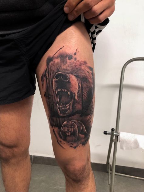 Bear Leg Tattoo Men, Bear Leg Tattoo, Thigh Tats Men, Papa Bear Tattoo, Bear Head Tattoo, Bear Tattoos For Men, Bear Tattoo Ideas, Grizzly Bear Tattoos, Aztec Tattoos Sleeve