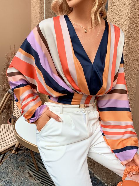 Colorful Striped Dolman Sleeve Blouse Women Blouses, Women Tops, Dolman Sleeve, Amazing Products, Summer Women, White Jeans, Kimono Top, Bell Sleeve Top, Fashion Looks