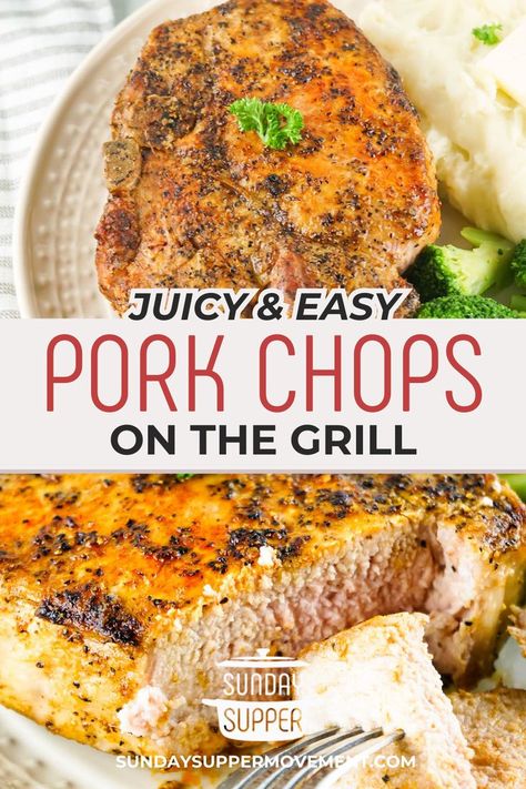 grilled pork chops on a white plate, one of them cut Pork Chops On Grill, Center Cut Pork Chop Recipes, Grilled Pork Chop Recipes, Grilled Pork Loin Chops, Best Grilled Pork Chops, Pork Chop Recipes Grilled, Center Cut Pork Chops, Tender Pork Chops, Cooking Pork Chops