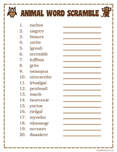 Printable Animals Word Scramble Word Puzzles For Kids, Jumbled Words, Word Games For Kids, Unscramble Words, Scramble Words, Scramble Game, Word Search Games, Senior Activities, Printable Puzzles