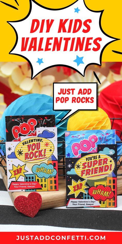 Zap! Wham! Pop! Get ready for Valentine's Day with this fun superhero comic book inspired Pop Rocks kids valentine idea! Perfect for valentine exchanges, school valentines, and Valentine’s Day classroom parties. This DIY kids valentine idea is so easy to make. All you need are pouches of Pop Rocks candy and my Just Add Confetti superhero valentine printables. The printables are available in my Just Add Confetti Etsy shop. Head to justaddconfetti.com for more easy and creative kids valentines. Creative Kids Valentines, Rubix Cube Valentine Free Printable, Pop Rocks Gift Tag, You Rock Valentine, Pop Rocks Valentines Free Printable, Valentine Pop It Printable Free, Nintendo Switch Party, Pop Rock Valentine Free Printable, Pop Rocks Valentine