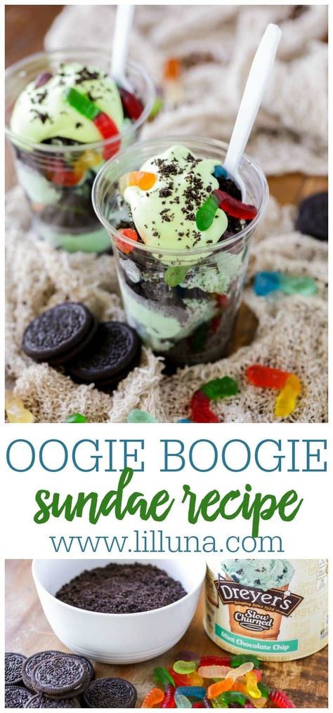 A delicious and simple copycat recipe from Walt Disney World - the Oogie Boogie Sundae has layers of crushed cookies, Mint ice cream and gummy worms and topped with green whipped cream. #oogieboogie #sundae #icecreamsundae #layeredsundae #dessert Halloween Ice Cream Sundae Bar, Dirt Cake Recipes, Sundae Recipes, Green Ice Cream, Ice Cream Sunday, Halloween Ice Cream, Almond Ice Cream, Fall Goodies, Lil Luna