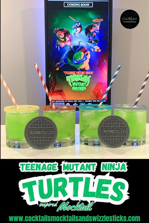 This image shows four green drinks each with different colored rims and coordinating striped straws to match the teenage mutant ninja turtles in front of a teenage mutant ninja turtles mutant mayhem movie poster. Brewery Food, Turtle Pizza, Ninja Turtle Pizza, Ninja Turtle Birthday Party, Turtle Birthday Party, Teenage Mutant Ninja Turtles Movie, Ninja Turtles Movie, Tmnt Movie, Tmnt Party