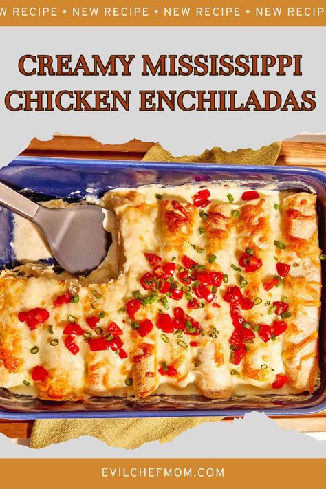 Creamy Mississippi Chicken Enchiladas Mississippi Enchiladas, Mississippi Chicken Enchiladas, Baked Enchiladas, Mississippi Chicken, Creamy Chicken Enchiladas, Food Substitutions, Beef Enchiladas, Chicken Quesadillas, Boneless Chicken Breast