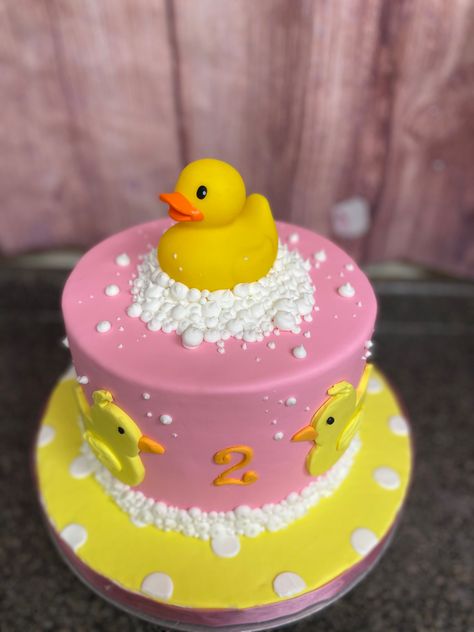 Duck Themed 3rd Birthday, Rubber Duck Cupcakes, Rubber Ducky Birthday Party Girls Pink, 2nd Birthday Duck Theme, Pink Duck Birthday Party, Rubber Duckie Cake, Rubber Duck Cake Ideas, Rubber Ducky Birthday Cake, Rubber Duck Cake Birthday