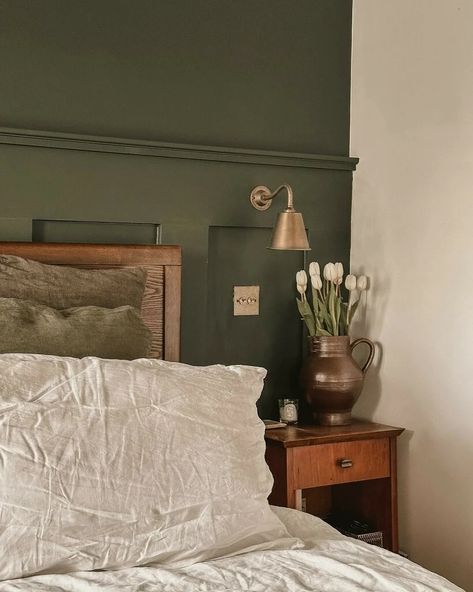 Green Bedroom Feature Wall, Deep Green Bedroom, Feature Wall Paint, Grey Feature Wall, Blue Feature Wall, Boulder House, Colours Of Nature, Blue Grey Walls, Mallard Green