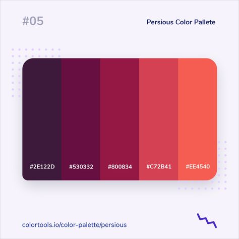 The Persious is another one monochromatic color scheme. The shades of red, give an impression that invokes a strong emotion and in detail, it is easily noticeable. On the other hand, the warm tones of orange associated to increase positive thinking and creativity. 
#madewithcolortools, #color, #colour, #colorpalette, #ui, #inspiration, #colorpalette, #colourpalette, #design, #uidesign, #dailyui, #red, #pink Monochromatic Colour Palette, Modern Red Color Palette, Red Logo Color Palette, Pink Red Orange Purple Color Palette, Red Pallete Color Pastel, Red Violet Palette, Cmyk Red Color Palette, What Colors Mean, Rgb Color Codes