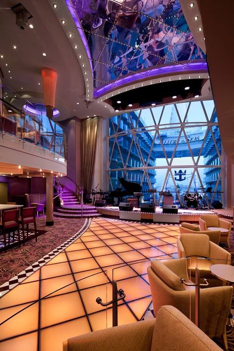 Dazzles Nightclub hosts a 70's disco party one of the cruise nights. Cruiser Ship, Cruise Ships Interior, Royal Carribean Cruise, Grandeur Of The Seas, Allure Of The Seas, Ceiling Window, Royal Caribbean Cruise Lines, Carribean Cruise, Window Views