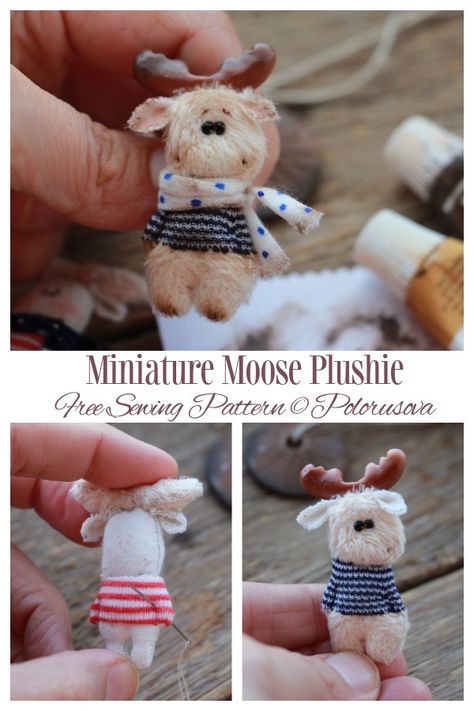 DIY Fabric Miniature Moose Plushie Free Sewing Pattern | Fabric Art DIY Scrap Fabric Plushies, Mini Doll Sewing Pattern Free, Miniature Stuffed Animal Patterns, Mole Plush Pattern, Sewing Patterns Free Plushies, Moose Sewing Pattern, Plushie Inspiration, Fabric Toys Diy, Fabric Art Diy