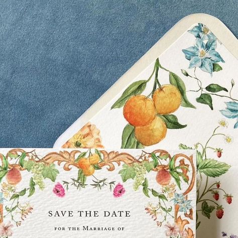 Jasmin Ryan on Instagram: "Florentine patterns, fruit and florals for what will be such a stunning wedding in Siena this summer 😍 #savethedate #weddinginvitations #watercolorinvitation #custominvitation #italywedding" Italian Engagement Party Invitations, Italian Summer Wedding Invitations, Italian Bridal Shower Invitations, Summer Wedding Italy, Sicilian Wedding Invitations, Bright Italian Wedding, Fruit Themed Wedding, Sicilian Wedding Theme, Summer Italian Wedding