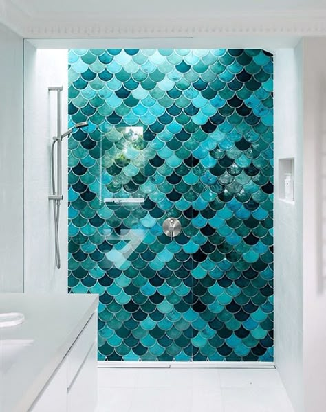 Paging Ariel: Mermaid Tiles Are So In Right Now  via @PureWow Bathroom Floor And Wall Tile Ideas, Mermaid Tile Bathroom, Fish Scale Tile Bathroom, Mermaid Tiles, Mermaid Tile, Moroccan Fish Scale, Teal Bathroom, Fish Scale Tile, Three Birds Renovations