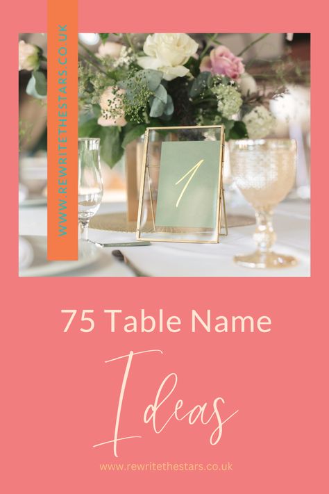 Table name ideas for your wedding tables, lets go! This week, I shared with you my own idea for our table names; we used the places that Fairytale characters lived, such as ‘The Silent Palace in the Woods’ or ‘Granny’s House Yonder by the Mill’. Rather than be obvious, we left small clues on the […] The post 75 Table Name Ideas appeared first on Rewrite the Stars. Names For Wedding Tables, Wedding Table Name Ideas, Table Name Ideas, Table Names Wedding, Words In Different Languages, Fairytale Characters, Rewrite The Stars, Diy Wedding Planning, Wedding Table Names