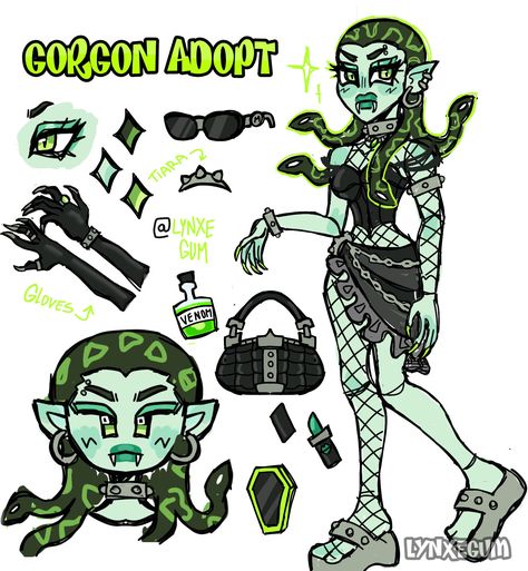 BTA GORGONS ADOPTS🐍 (the boy is closed) SB:25$ MI:2$ AB:50$ (comes with another outfit design for her) Deadline: 24hrs after the... Gorgon Oc, Slasher Film, Monster High Art, Cat Boys, Outfit Design, Doll Stands, High Art, Cute Art Styles, Character Design References