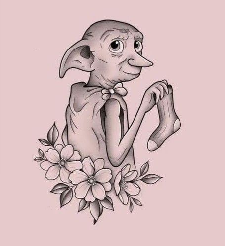 Triwizard Cup Tattoo, Harry Potter Dobby Drawing, Harry Potter Tattoo Designs Drawings, Doby Tattoo Harry Potter, Harry Potter Dobby Tattoo, Dobby Tattoo Harry Potter, Harry Potter Flash Tattoo, Dobby Tattoo, Cool Space Tattoos