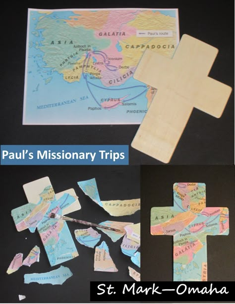 Sunday school craft - a map of one of Paul's missionary journeys was torn into pieces and then adhered to a wooden cross with mod podge (or use thinned glue) to make a collage of some of the places he visited to spread the Gospel. Paul's Journey Craft For Kids, Paul Missionary Journey Craft, Pauls Missionary Journey Crafts, Missionary Crafts For Kids, King Of Judah, 2 Chronicles 20, A Good Father, Preschool Bible Lessons, Bible Story Crafts