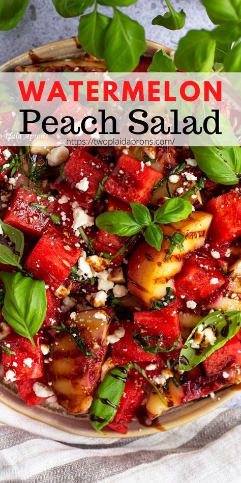 This Watermelon And Grilled Peach Salad is a must for this hot Summer. The sweet, crispy, and juicy watermelon with charred grilled white peaches pair perfectly with the sweet tangy honey balsamic, fresh basil, and the salty feta. Also, it is super easy to make and in no time we you have a fresh cooling watermelon and grilled peach salad ready to eat. | Two Plaid Aprons | #watermelonsalad #watermelon #grilled #whitepeach #honey #balsamic #basil #summersalad #fruitsalad Watermelon Peach Salad, Fruit Sides, Watermelon Chicken, Garden Meals, Entertaining Platters, Watermelon Salad Recipes, White Peaches, Grilled Peach Salad, Grilled Recipes