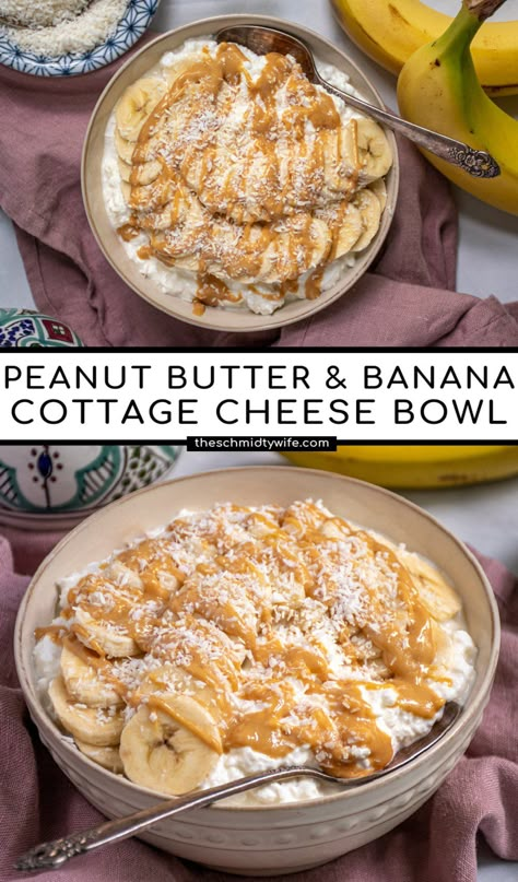 With creamy cottage cheese, bananas, peanut butter, and coconut make yourself a protein packed breakfast! Easy to make Peanut Butter & Banana Cottage Cheese Breakfast Bowls will keep you full and focused all day long. Banana Cottage Cheese, Cottage Cheese Bowl, Cottage Cheese Breakfast Bowl, Cottage Cheese Recipes Healthy, Cheese Bowl, Cottage Cheese Desserts, Cottage Cheese Breakfast, Queso Cottage, Packed Breakfast