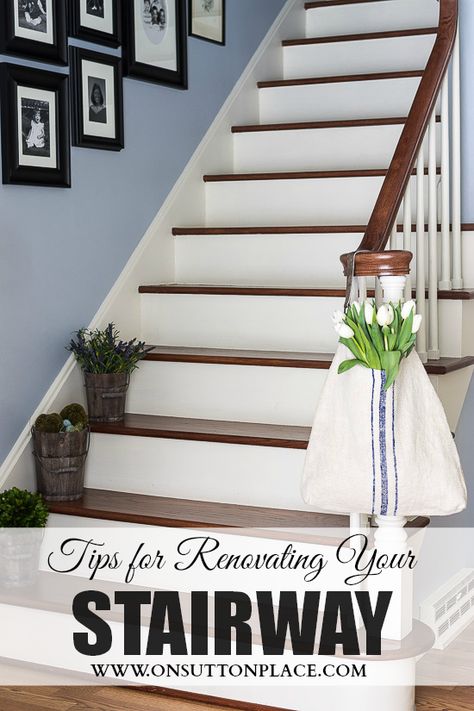 A refinished staircase project that begins with removing old carpet from the stairs and ends with a totally transformed space. Refinish Staircase, Stairs Renovation, Stairs Makeover, Stair Remodel, Diy Stairs, Ideas Hogar, House Stairs, Carpet Colors, Staircase Design