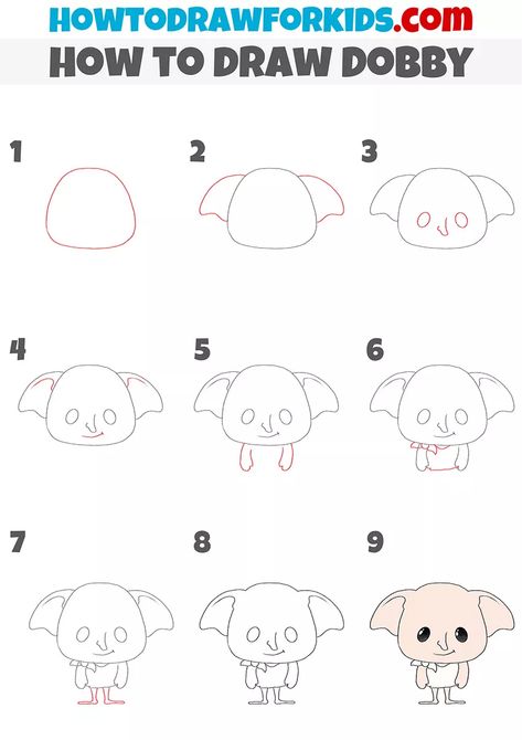 Harry Potter Characters Drawings Easy, How To Draw Harry Potter Characters, Dobby Drawing Easy, How To Draw Harry Potter, Harry Potter Drawings Easy, Harry Potter Drawing, Drawings On Lined Paper, Harry Potter Art Drawings, Harry Potter Painting