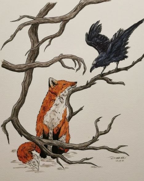 Fox Ink Illustration, Fox And Raven Art, Fox And Raven Tattoo, Fox And Crow Tattoo, Fox And Raven, Fox And Crow, Raven Watercolor, Fox Tattoo Design, Aesop's Fables