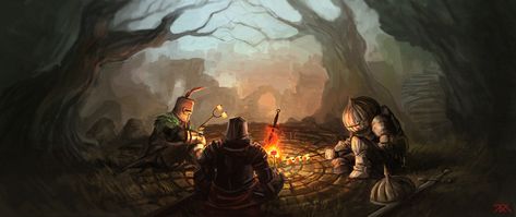 Around the bonfire by Inkyh.deviantart.com on @DeviantArt Bonfire Marshmallows, Dark Souls Wallpaper, Dark Souls 2, Bloodborne Art, Soul Game, Demon Souls, Dark Souls 3, Dark Souls Art, Dark Soul