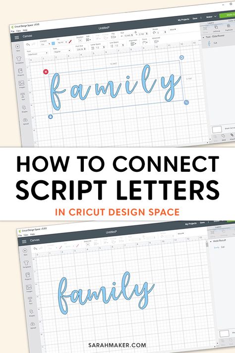 How To Connect Letters In Design Space, How To Layer Letters With Cricut, Cursive Cricut Font, Cricut Lettering, Sarah Maker, Cricut Letters, Cricket Joy, Calligraphy Cursive, Letter Making