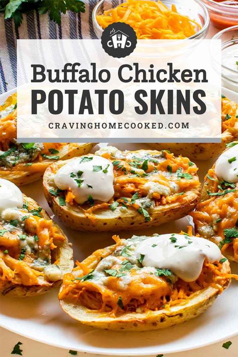 Buffalo Chicken Potato, Potato Skins Appetizer, Summer Appetizers, Potatoe Skins Recipe, Baked Pizza, Spicy Buffalo Chicken, Chicken And Cheese, Homemade Buffalo Sauce, Chicken Potato