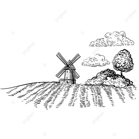 Agriculture Aesthetic Drawing, Old Book Illustration Black And White, Farm Land Drawing, Farm Background Drawing, Agriculture Drawing Ideas, Farm Sketch Simple, Country Side Drawing, Farm Drawing Easy, Windmill Sketch