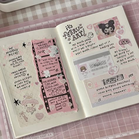 Bult Journal Ideas, Journal Receipt Page, Sanrio Scrapbook Ideas, Scrapbook Ideas Coquette, Sanrio Journal Ideas, Kuromi Scrapbook, Journal Ideas Pink, Journal Spreads Aesthetic, Kawaii Journal Ideas