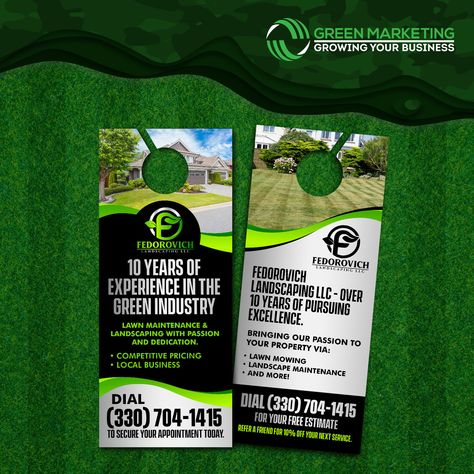 Door Hanger Design for Ferdovich Landscaping LLC. Your Marketing Solutions For Lawn & Landscape Professionals! Door Hanger Design, Green Marketing, Lawn Landscape, Green Industry, Lawn Mowing, Landscape Maintenance, Lawn Maintenance, Hanger Design, Lawn And Landscape