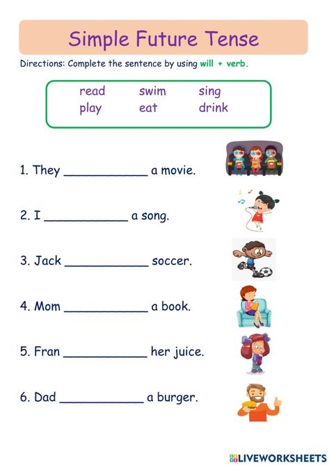 Future Tense Worksheet For Grade 2, Future Tenses Worksheets, Simple Future Tense Worksheets, Future Simple Worksheet, Future Tense Worksheet, Simple Future Tense, Grammar Anchor Charts, Future Tense Verbs, Tense Worksheet