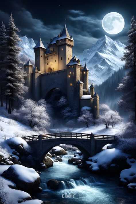 Embark on a journey through ancient fantasy realms with stunning digital depictions of castles nestled in mountainous landscapes, illuminated by the ethereal glow of the moon Writing Concepts, Fantasy Snow, Fantasy Castles, Snow Castle, Moon Kingdom, Modern Talking, Luxury Tents, Moon Photography, Days Like This