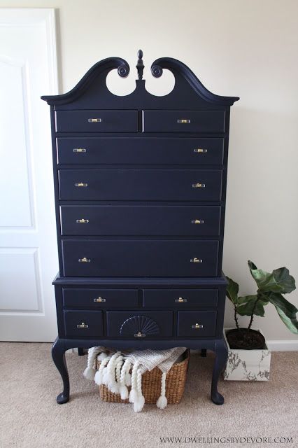 Painted Antique Highboy Makeover Navy Blue Gothic Dresser, Antique Furniture Makeover, Highboy Dresser, Painting Wooden Furniture, White Furniture Living Room, Tall Chest, Painting Furniture, Cabriole Legs, Apartment Furniture