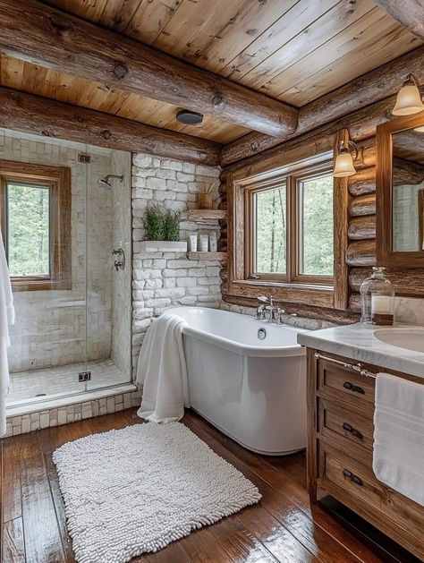 Log House Bathroom, Rustic Cabin Bathroom, Log Cabin Bathroom, Wood Tile Shower, Cottage House Interior, Build My Own House, Bathroom Freestanding, Log Cabin Interior, Cabin Bathroom