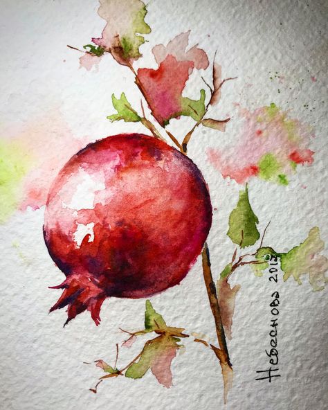 Simple Watercolor Paintings Nature, Watercolor Still Life Paintings, Pomegranate Watercolor, Watercolor Pomegranate, Watercolor Paintings Nature, Watercolor Paintings For Beginners, Watercolor Fruit, Art Drawings Sketches Pencil, Watercolor Projects