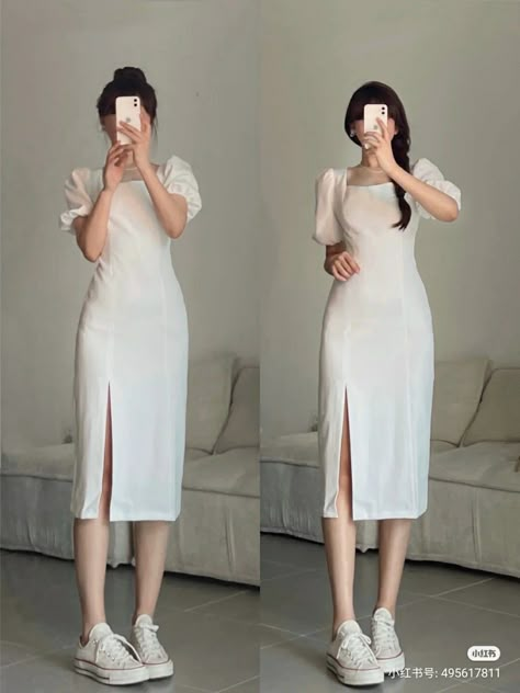 Pretty White Outfits, Pose Reference In Dress, Korean Style Dress Casual, Ootd Classy Elegant, Ootd Kondangan Dress, Simple Cute Dress, Dress Promnight, Sunday Dress Design, Summer Outfits Alt