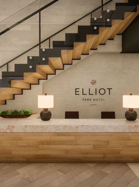 Elliot Park Hotel Minneapolis lobby Industrial Hotel Lobby Design, Hotel Lobby Ideas Reception Areas, Industrial Chic Lobby, Hotel Stairs Design, Boutique Hotel Reception Desk, Lobby With Stairs, Boutique Hotel Lobby Design, Lobby Stairs Design, Small Hotel Lobby Design