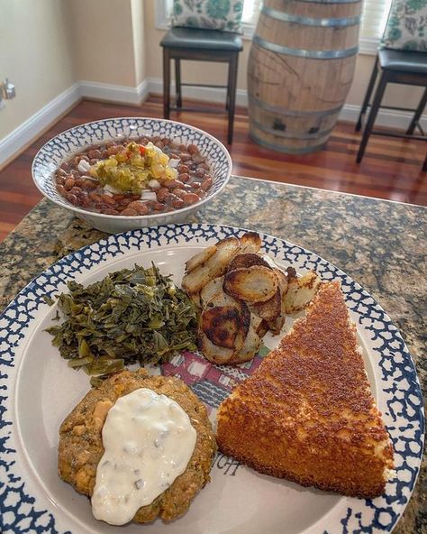 Appalachian Foods and Recipes | Salmon patties, soup beans, cornbread, mustard greens and fried potatoes | Facebook Appalachian Food, Beans Cornbread, Recipes Salmon, Chicken Burgers Recipe, Soup Beans, Southern Recipes Soul Food, Cooking At Home, Salmon Patties, Mustard Greens