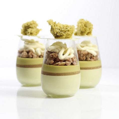 Pistachio mousse, white peach gelee, pistachio cremeux , s… | Flickr Pistachio Mousse Recipe, Verrines Dessert Ideas, Cremeux Recipe, Pistachio Mousse, Individual Recipes, Mousse Dolce, Dessert Shooters, Desserts In A Glass, Individual Desserts